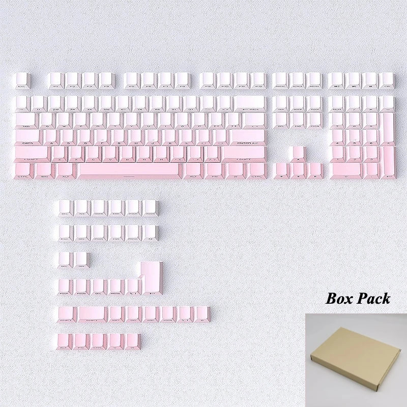 A box pack of pink PBT double-shot cherry profile keycaps for mechanical keyboards.