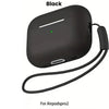 Black liquid silicone case for AirPods Pro 2 with a cleaning pen and lanyard