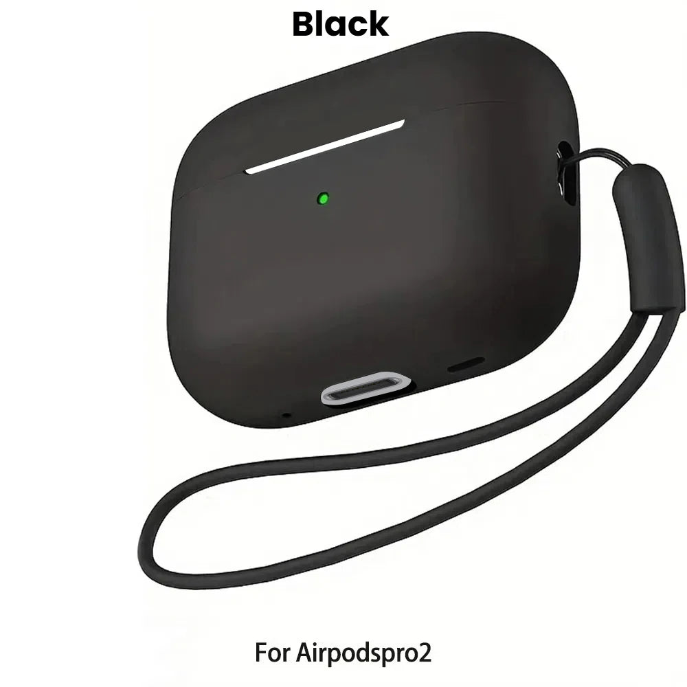 Black liquid silicone case for AirPods Pro 2 with a cleaning pen and lanyard