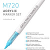 A white acrylic paint marker set with a light blue tip and a clear label showing features for drawing and art.