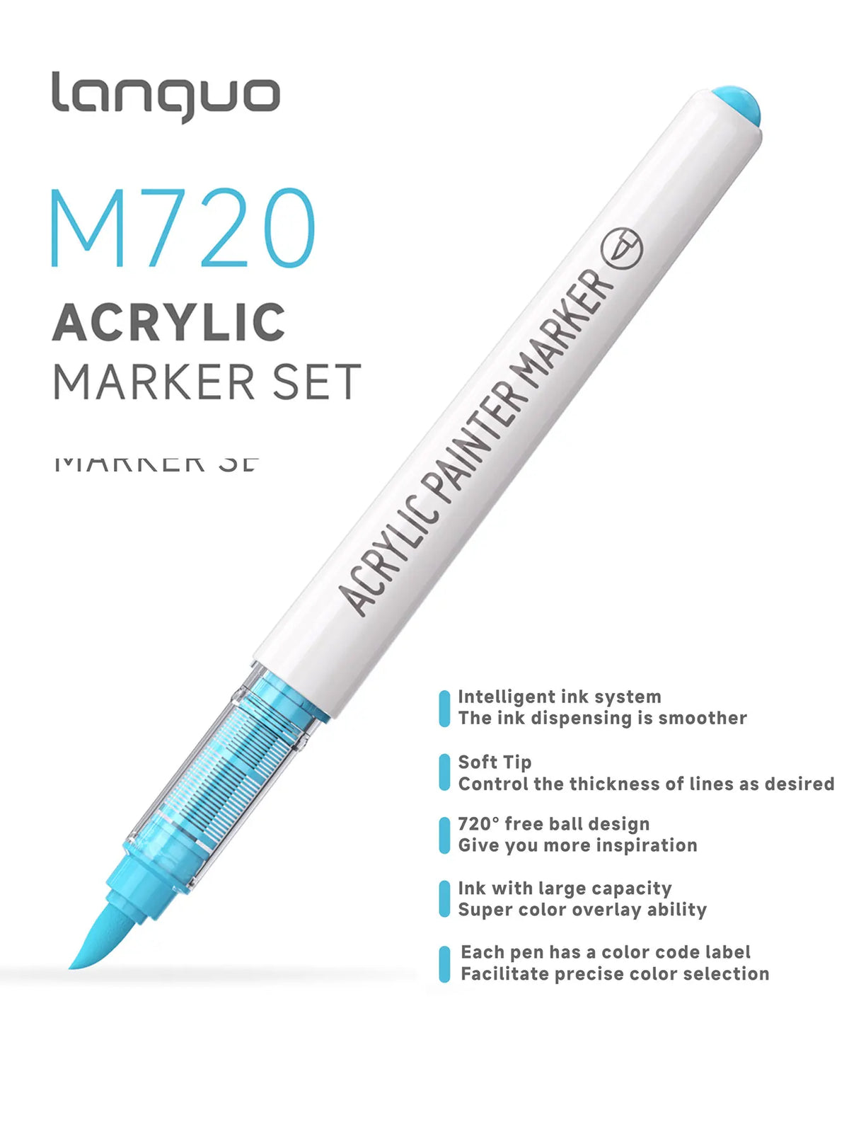 A white acrylic paint marker set with a light blue tip and a clear label showing features for drawing and art.