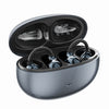 A silver charging case for open ear clip Bluetooth earbuds, shown open with the earbuds inside.