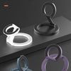 Three Z-shaped bracket phone ring holders in black, white, and purple demonstrating double axis folding.