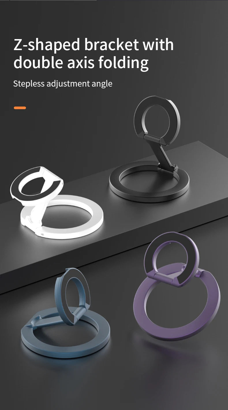 Three Z-shaped bracket phone ring holders in black, white, and purple demonstrating double axis folding.