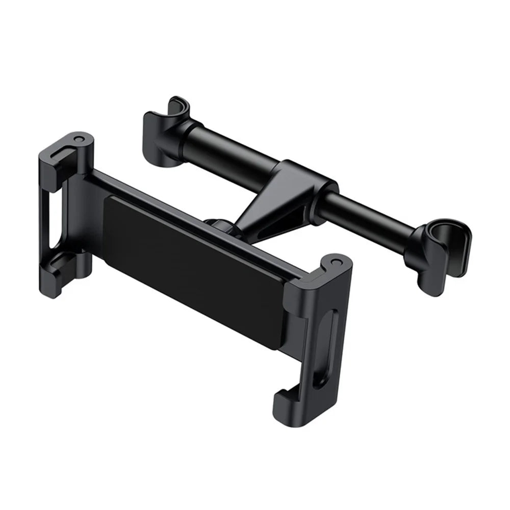 Black flexible car headrest mount designed to hold tablets and phones.