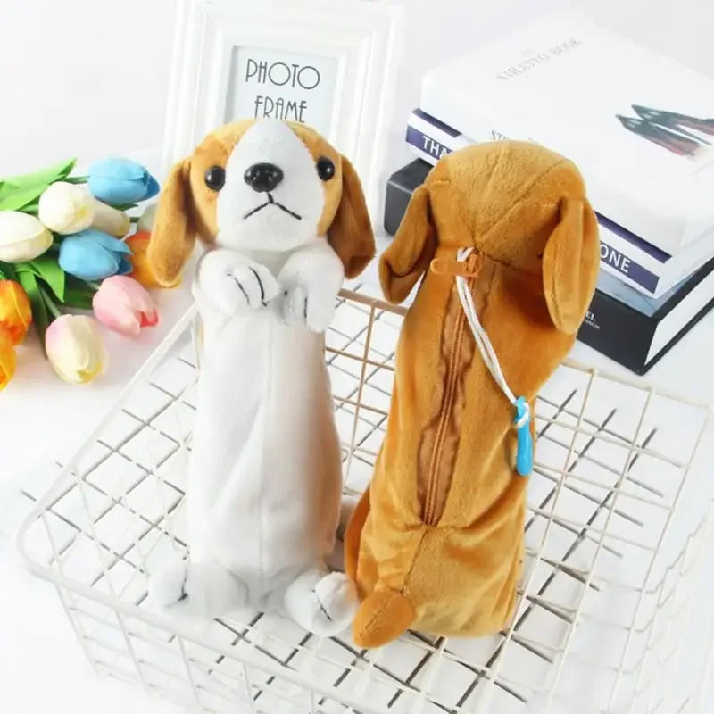 A fluffy brown and white dog plush toy sitting in a white wire basket next to a photo frame and a stack of books.