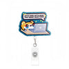 A blue acrylic badge reel featuring a graphic of a cat working on a laptop with text that reads Gotta work gotta make that mo