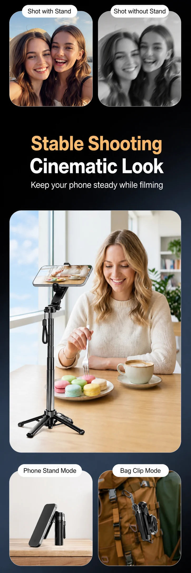 Eine Frau benutzt einen magnetischen Handy-Ständer für stabiles Filmen bei einem Kaffee.