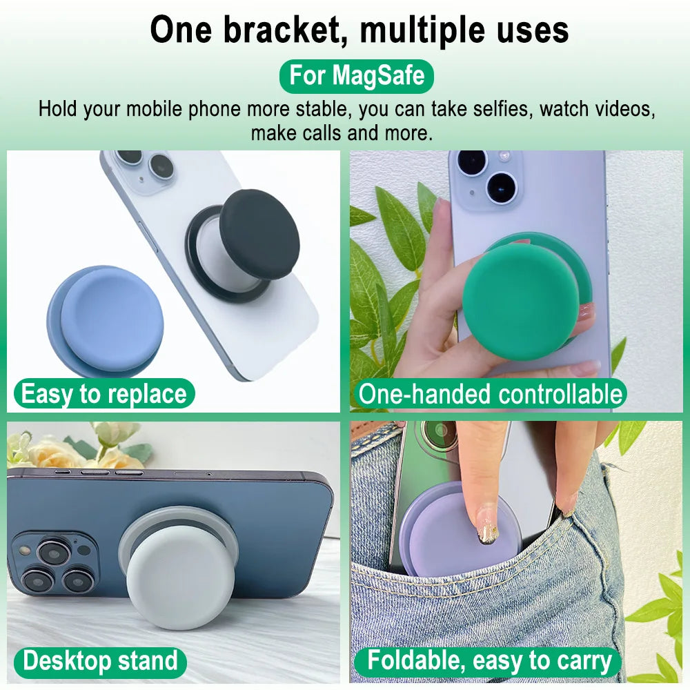 A multi-functional magnetic phone grip stand with silicone covers shown in various uses including a desktop stand and a folda