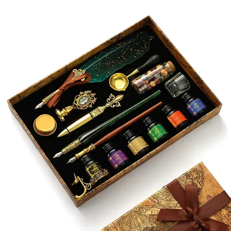 A luxury fountain pen set with a wax seal kit displayed in a wooden box.