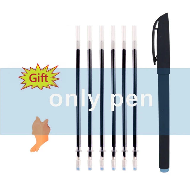 A black pen and several clear pens are shown with a gift tag, suggesting a writing practice product.