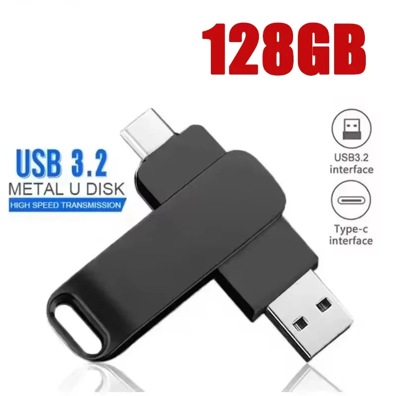 Black metal USB 3.2 flash drive with a Type-C interface and 128GB storage capacity