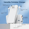 A white versatile portable charger is shown with various output cables and an input port.
