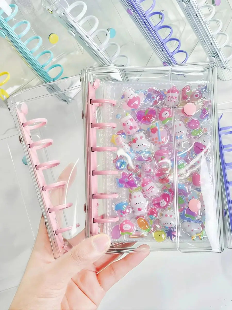 A hand holds a clear double-button binder filled with colorful stickers and small decorative items.