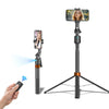An AI face tracking smartphone tripod with a Bluetooth remote is shown being used to take a picture.