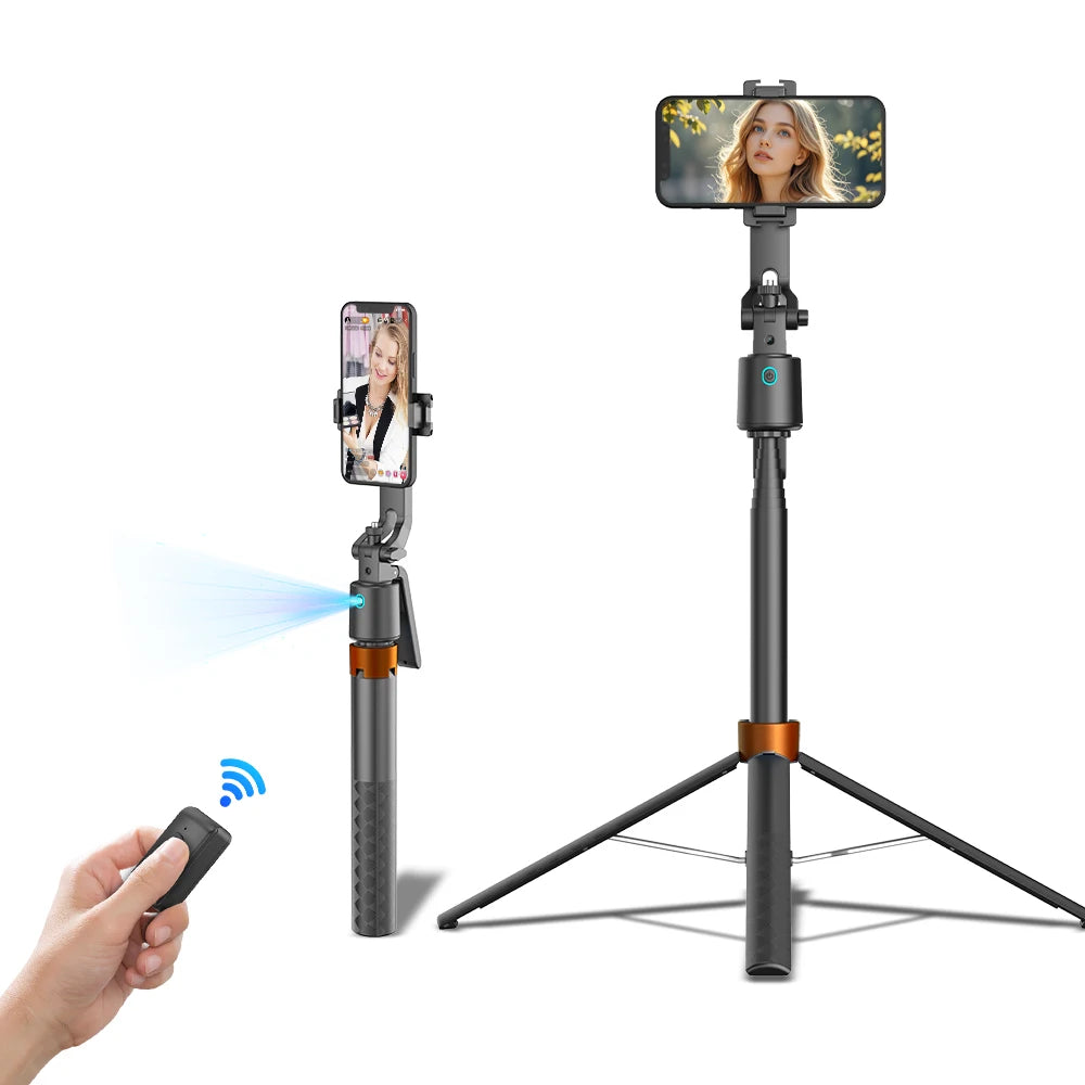 An AI face tracking smartphone tripod with a Bluetooth remote is shown being used to take a picture.