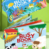 A stack of children's busy books featuring colorful illustrations and text for learning.