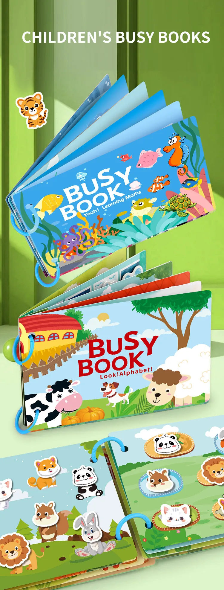 A stack of children's busy books featuring colorful illustrations and text for learning.