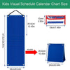 A blue visual schedule card chart showing dimensions for kids daily routines.