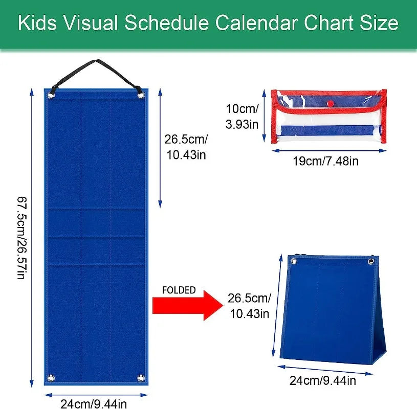 A blue visual schedule card chart showing dimensions for kids daily routines.