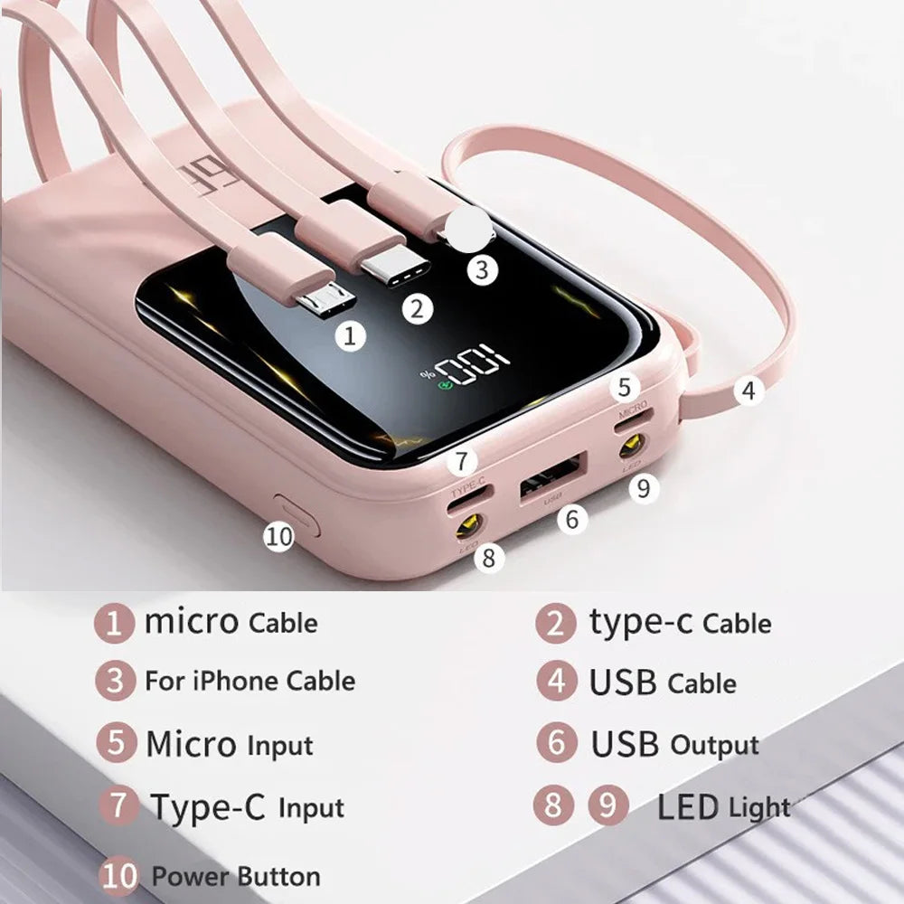 A pink multi-port power bank featuring multiple cables and a power button.