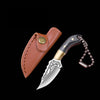 A compact fixed blade knife with a silver blade and a brown leather sheath, shown against a black background.