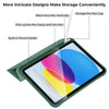 A green protective case for an iPad showing features like a vertical pen holder and a built-in pencil holder.