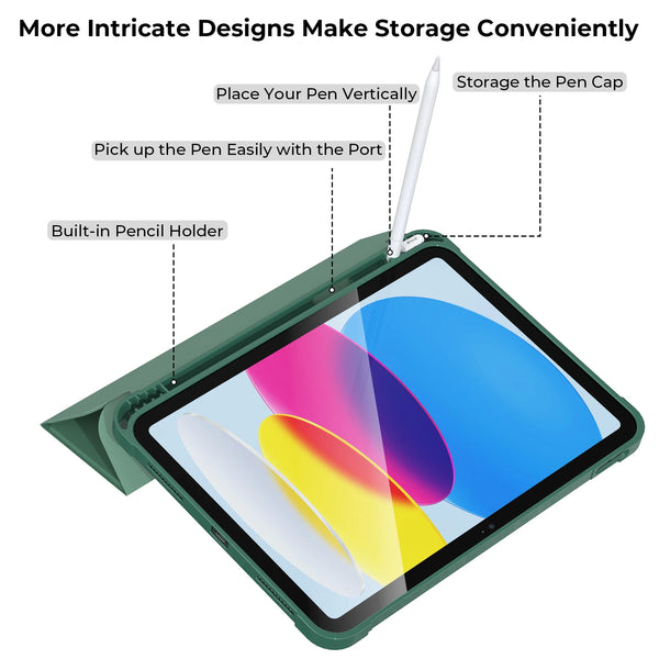A green protective case for an iPad showing features like a vertical pen holder and a built-in pencil holder.