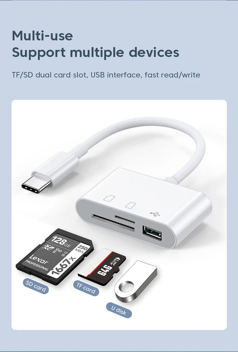 A white adapter for a multi-use card reader supporting TF/SD cards, USB interface, and fast read/write functionality.