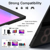 A portable laptop monitor displaying compatibility icons for Apple, Android, Windows, and Game controllers.