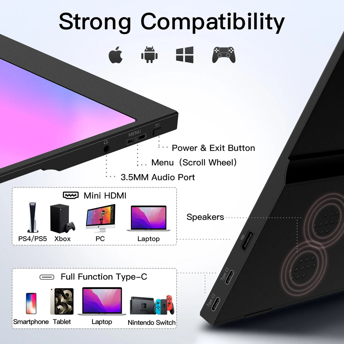A portable laptop monitor displaying compatibility icons for Apple, Android, Windows, and Game controllers.