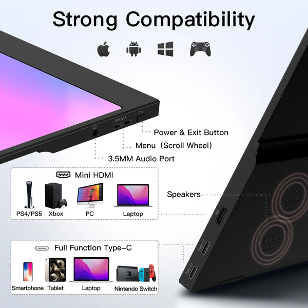 A portable laptop monitor displaying compatibility icons for Apple, Android, Windows, and Game controllers.
