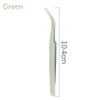A long, slender green precision tweezer used for nail art and eyelash extensions.