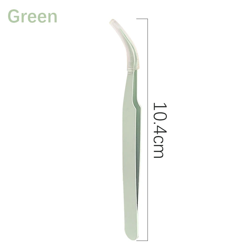 A long, slender green precision tweezer used for nail art and eyelash extensions.