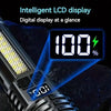 Close-up of a tactical LED flashlight displaying a digital LCD screen showing 100% battery level.