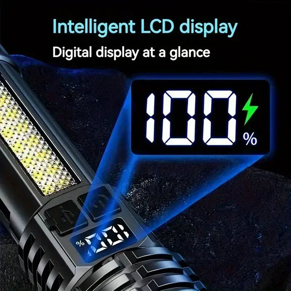 Close-up of a tactical LED flashlight displaying a digital LCD screen showing 100% battery level.