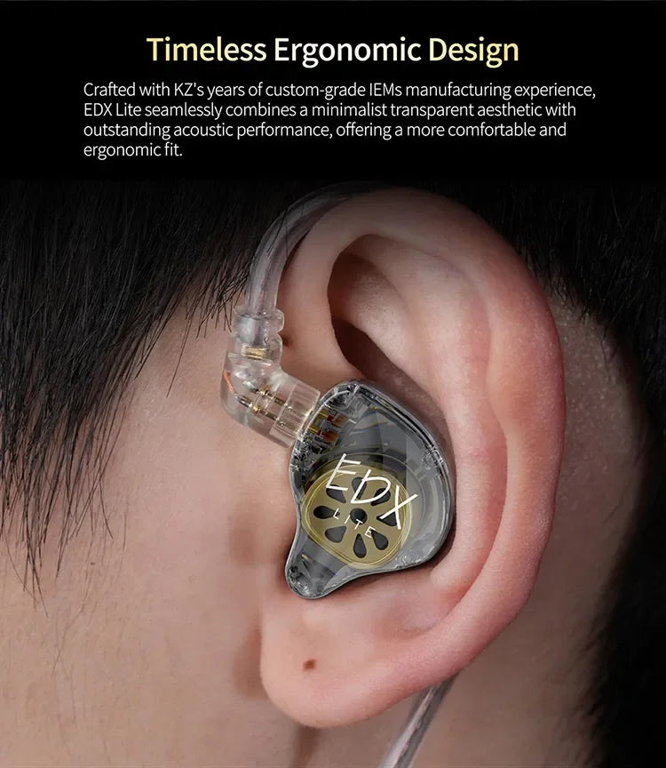 A close-up of KZ EDX Lite in-ear monitors being placed into a person's ear.