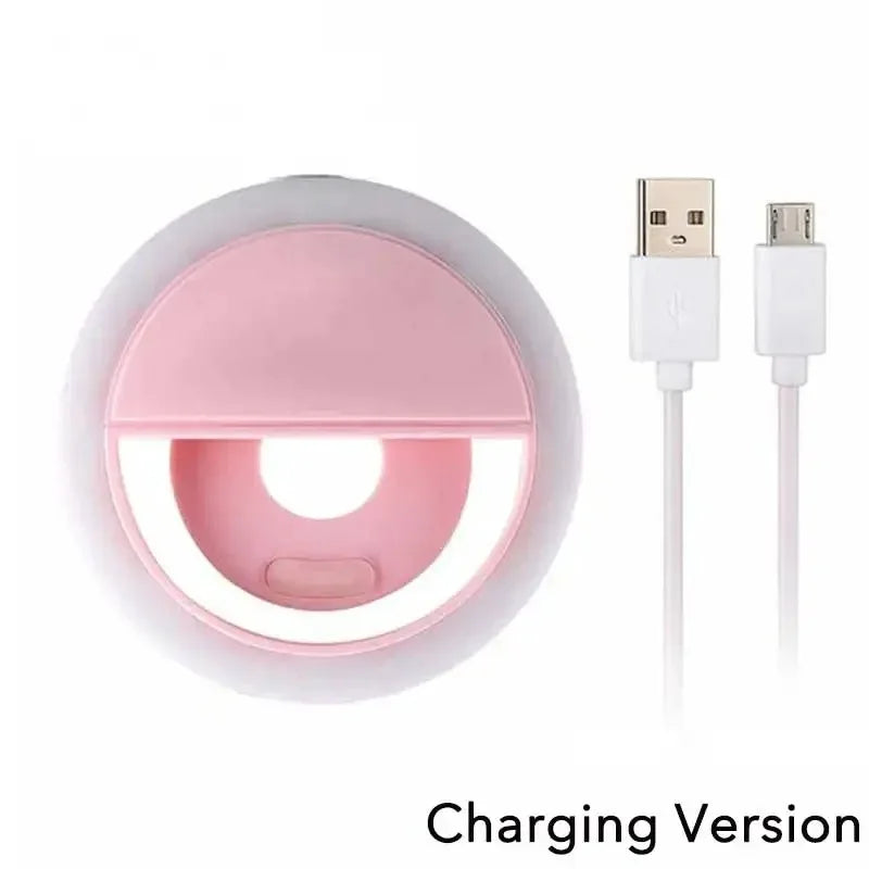 حلقة فلاش سيلفي وردية تعمل بالـ LED مع كابل شحن USB وحلقة ضوء أبيض.