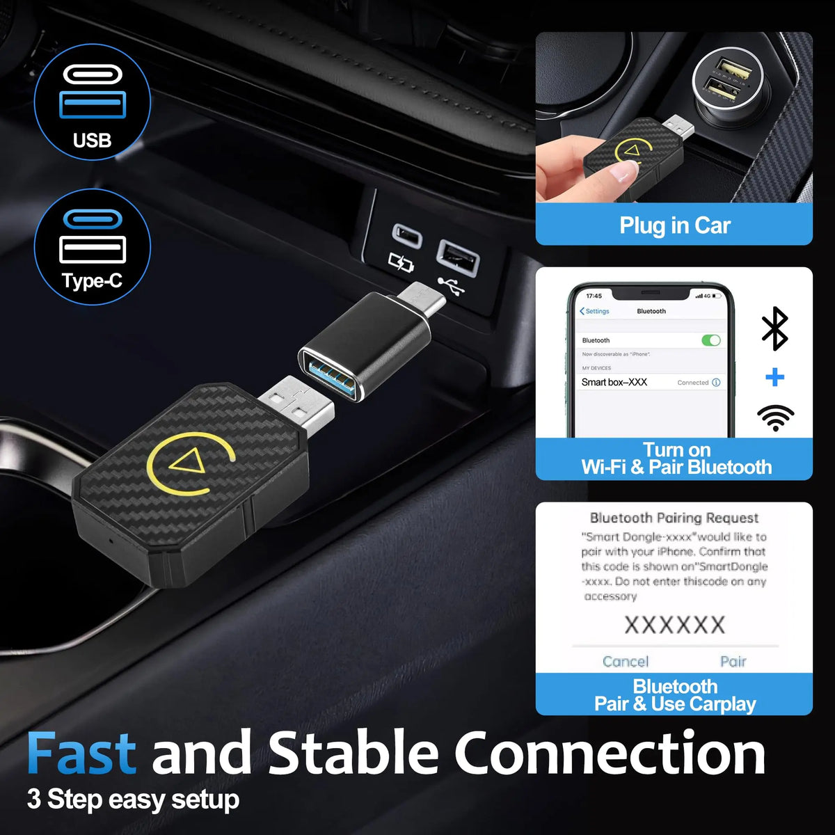 A wireless adapter plugs into a car's USB port for fast and stable connection to smartphone CarPlay or Android Auto.
