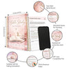 A pink spiral-bound Bible study journal for women with a leather cover and a gold-colored pen.