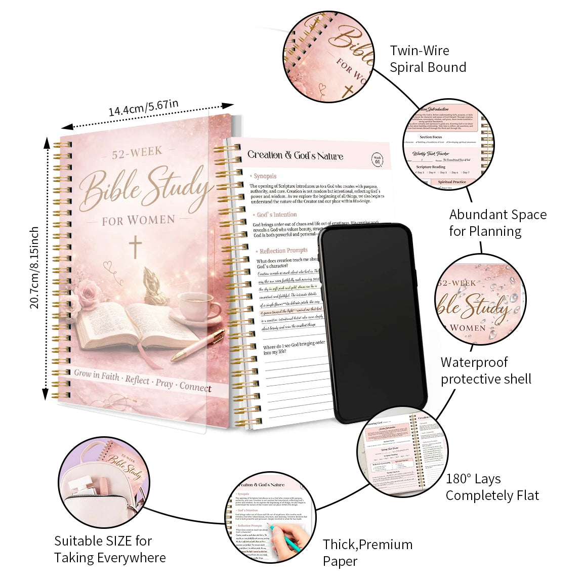 A pink spiral-bound Bible study journal for women with a leather cover and a gold-colored pen.