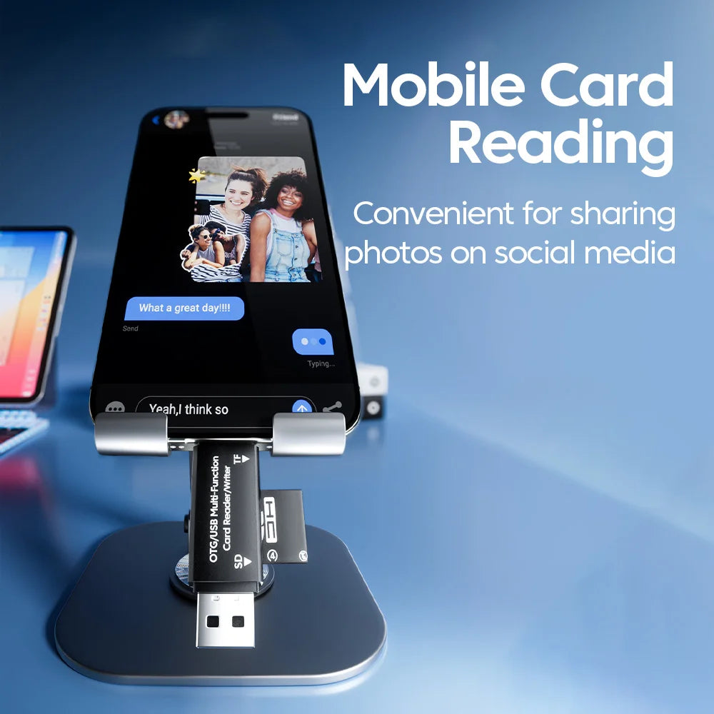 A mobile card reading adapter connects a smartphone to an SD card for sharing photos on social media.
