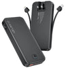 A black portable charger with built-in cables and a wall plug is shown on a white background.