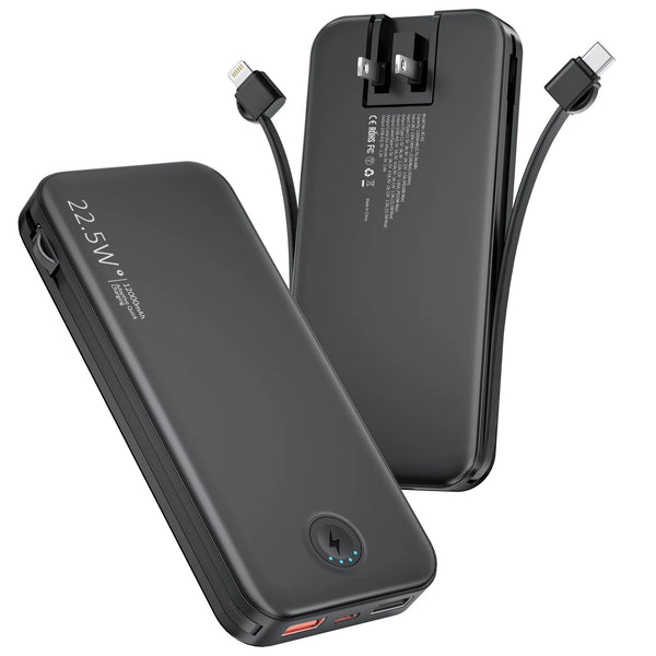 A black portable charger with built-in cables and a wall plug is shown on a white background.