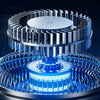 Close-up of an imitation aviation turbine fan blade with a silver and blue metallic finish.
