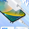 A white PD40W fast charger and cable connected to an iPhone, highlighting features like fast charge, fire retardant design, a