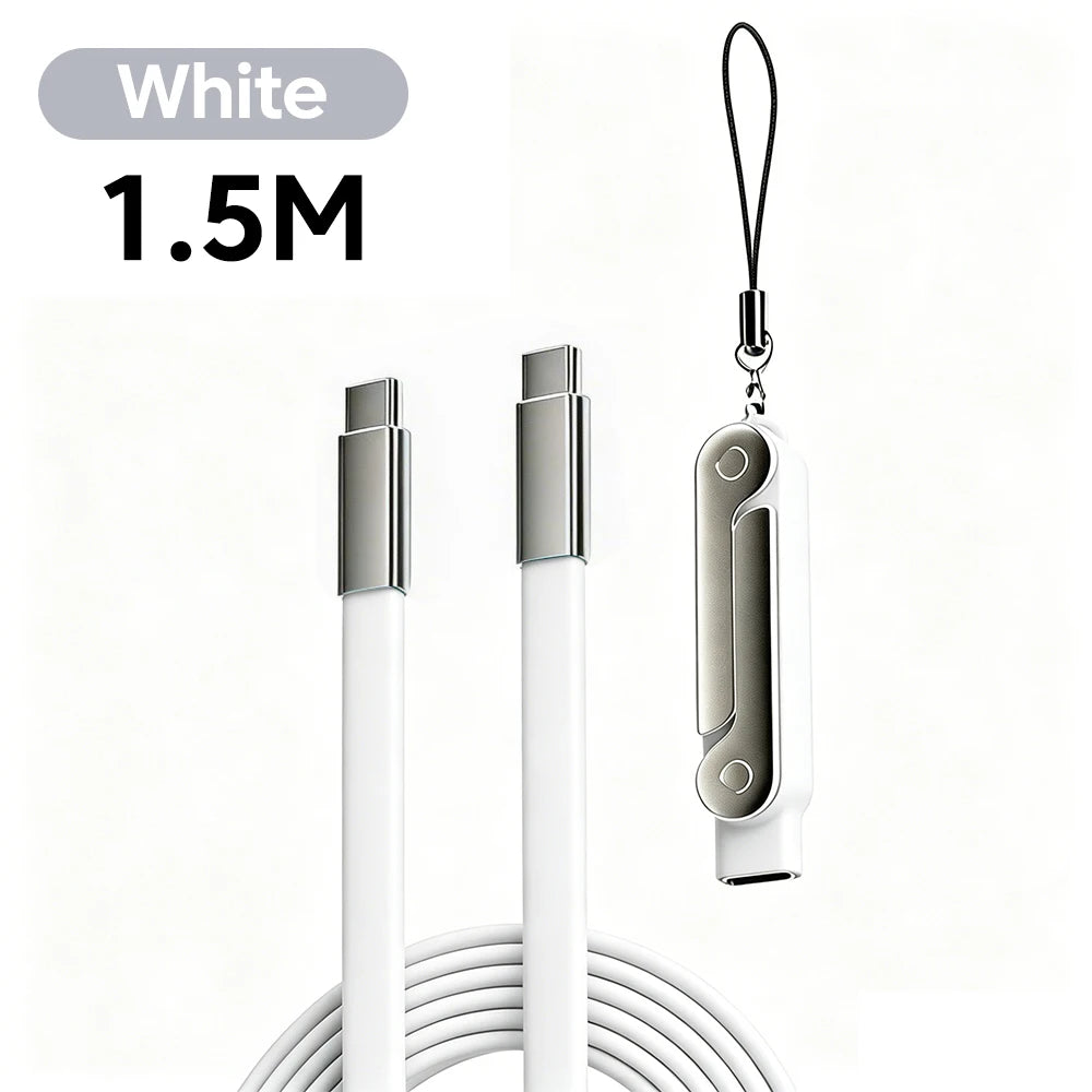 White 1.5M fast charging USB-C to USB-C adapter and phone stand with a hanging loop.