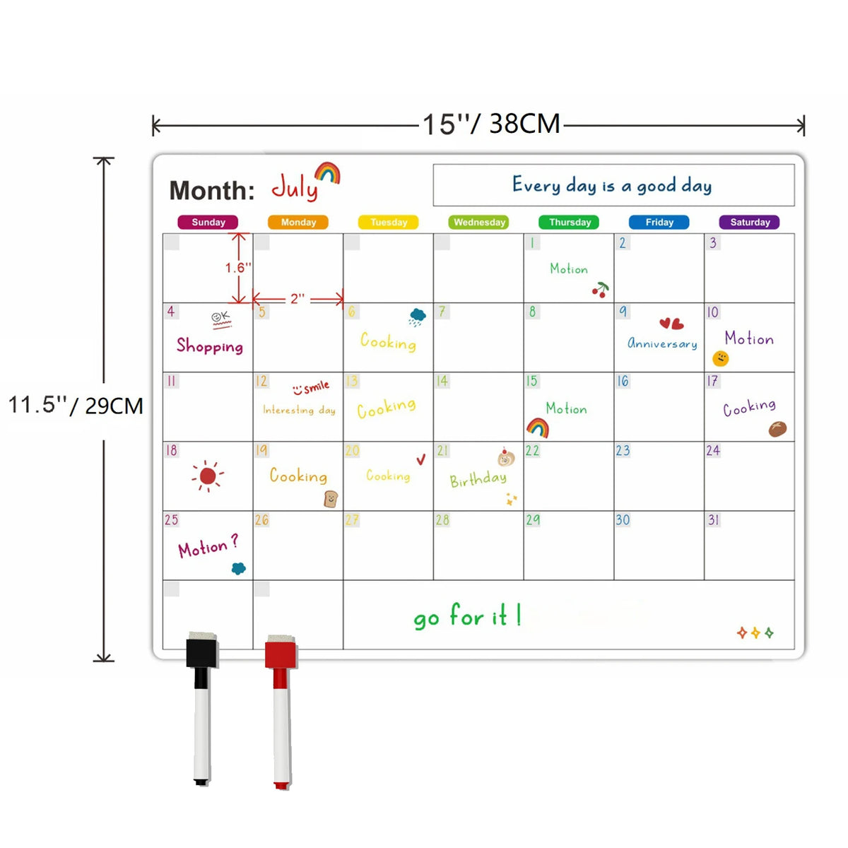 A monthly planner board for July showing daily grids and activities like shopping, cooking, and motion.