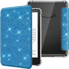 A blue glitter slim case for a Kindle Paperwhite device is shown next to the black device.