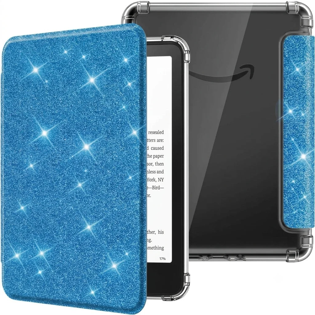 A blue glitter slim case for a Kindle Paperwhite device is shown next to the black device.